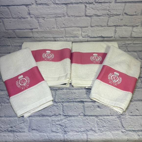Lauren Ralph Lauren Towel Set (2) Bath Hand (2) Hand Towels White Pink Monogram - Picture 1 of 14